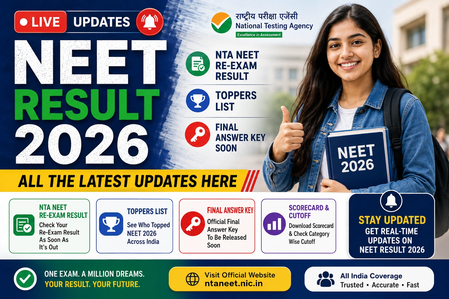 NEET Result 2026 LIVE Updates: NTA NEET Re-Exam Result, Toppers List, Final Answer Key Soon